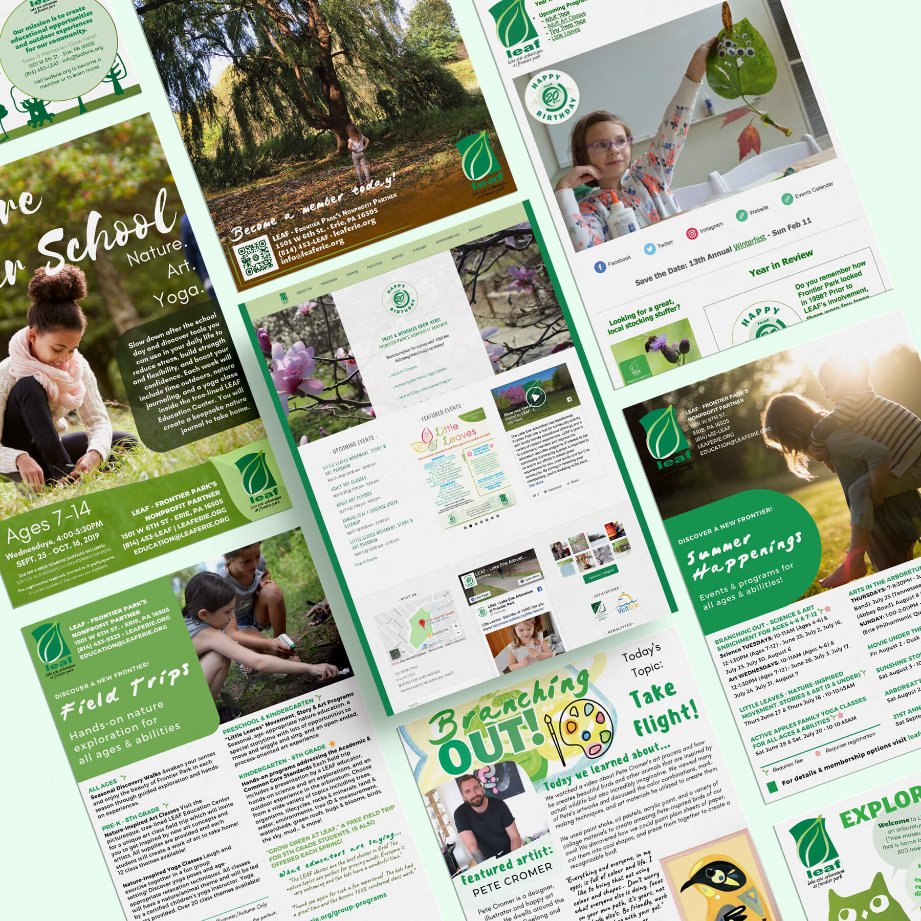 images of marketing materials and a website designed for a nature center